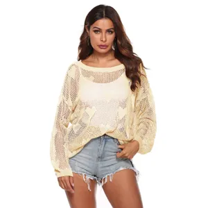 Vrouwen losse opengewerkte gebreide truien sexy lange mouw top met denim korte broek