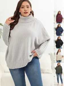 Women's Plus Size High Neck Solid Color Long Sleeve Loose Knit Pullover Sweater Casual Winter Fashion Top
