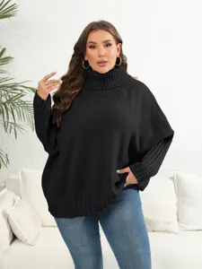Plus size solid color turtleneck knitted sweater for women, casual loose pullover top.