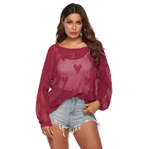 Vrouwen los uitgehold gebreide truien casual sexy hartpatroon met lange mouwen top