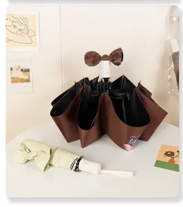 Detail view of automatic tulip umbrella with decorative bow handle and UV coating