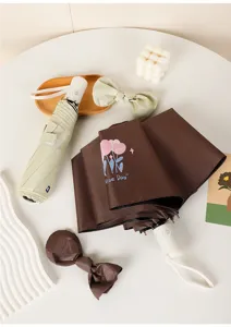 Detailed view of dark brown tulip print automatic umbrella with Nice Day text