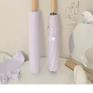 Primer plano de elegantes paraguas plegables lavanda en un escritorio blanco minimalista.