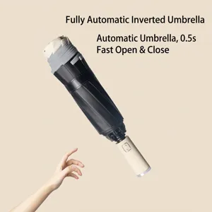 Premium automatische omgekeerde paraplu met 10 ribben en reflecterende strip beige