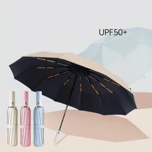 Automatic 3-fold sun and rain umbrella with double ribs and UPF50+ black coating