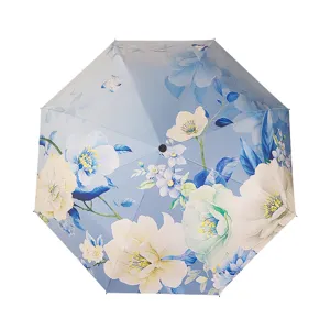 Three-fold anti-UV sun umbrella featuring elegant Chinese style blue peony floral print.