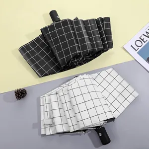 Parapluie Pliant Classique à Carreaux Protection Solaire Anti-UV Revêtement Noir Tissu Ponge Parapluie Compact à 3 Plis de Voyage