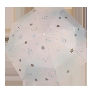 Gradient Blue Pongee Cat Print Three Fold Umbrella Portable Sun Protection Rainproof Folding Umbrella Fashion Travel Umbrella