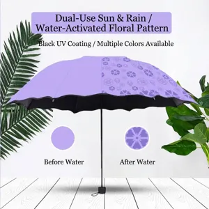 Magic Water Bloom Folding Umbrella UV Protection Black Vinyl Coating Sun Rain Parasol Scalloped Edge Portable Floral Pattern