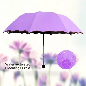 Lavender folding sun and rain umbrella with unique water-blooming floral pattern