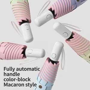 Macaron color automatic folding umbrella with UV protection and wrist strap