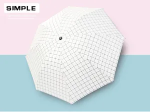 Vista dettagliata dell'ombrello pieghevole automatico a quadri bianchi e neri dal design semplice.