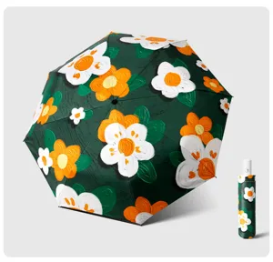 Dettaglio di ombrello automatico con motivi floreali bianchi e arancioni su verde