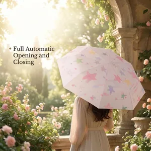 Ins Style Star Heart Print Tri-folding Umbrella UV Protection Black Glue Coating Automatic Manual Sun Rain Folding Umbrella For Women