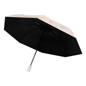 Automatic pink gradient heart umbrella with black UV protection coating for sun and rain
