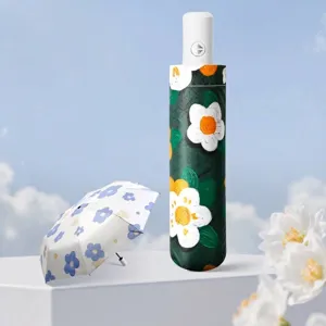 Ombrello Automatico Sole Pioggia Stampa Floreale Donna Rivestimento in Gomma Nera Protezione Solare Ombrellone Pieghevole Portatile