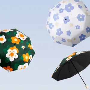 Ombrello automatico floreale elegante con protezione UV e rivestimento nero opaco