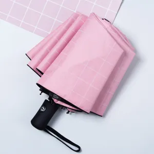Ombrello pieghevole rosa a quadri da donna, protezione UV sole e pioggia uso automatico.