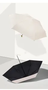 Due ombrelli pieghevoli compatti a capsula in uno studio minimalista con design aperto