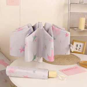 Dreamy Colorful Star Printed Three Folding Sun Umbrella With Black Coating Anti UV Rain And Sunny Portable Compact Umbrella