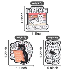Funny cat enamel pins with humorous quotes, showing size 1.2x1.1 inch and weight parameters