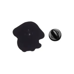 Detailed back view of a cute cat mushroom enamel pin showing the black rubber clutch