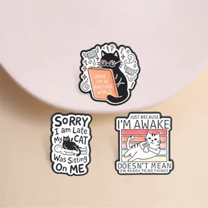 Funny Cartoon Cat Metal Brooch Badge Zinc Alloy Lacquered Kitten Pins With Humorous English Quotes For Denim Jacket Backpack Decoration