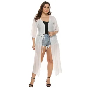 Detail view of plus size white crochet long kimono cardigan beach cover up 3/4 sleeve