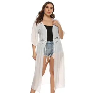 Plus size white long beach cover up cardigan, sheer hollow out drawstring 3/4 sleeve sunscreen.