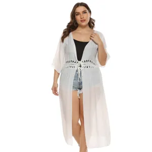 Plus size women crochet lace-up 3/4 sleeve long sunscreen cardigan beach cover-up.