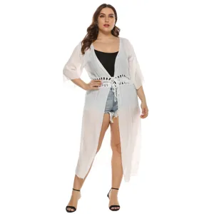 Plus size white sheer kimono beach cover-up cardigan featuring crochet waist tie.