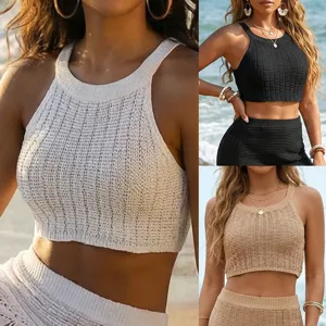 Women Summer Knit Halter Crop Top Sexy Hollow Out Beach Bikini Cover Up Tank Tops Set
