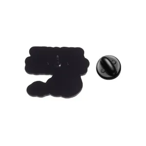 Detailed view showing the black metal pin back and rubber clutch for coffee themed badge