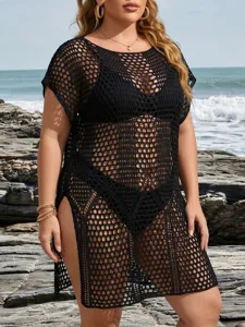 Detailed view of women's plus size black crochet beach cover-up dress with slits