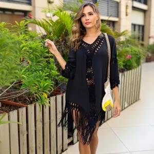 Femme Noir Crochet Frange Plage Cover Up Resort Vetement Robe Ete Casual Chic