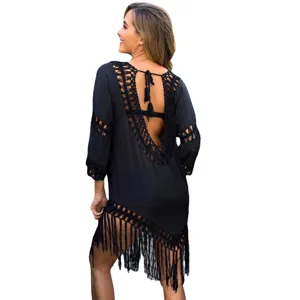Femme noir crochet gland dos nu couverture de plage sexy robe été principale