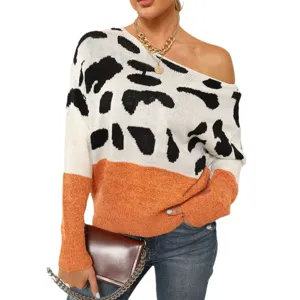 Jersey de punto colorblock con hombros descubiertos para mujer, parte superior de otoño.