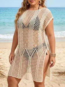 Beige crochet beach cover-up showing intricate knit pattern details and side slit