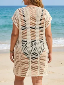 Back view of plus size beige crochet beach cover-up with hollow-out knit pattern