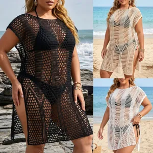 Close-up of plus size crochet cover-ups in multiple colors for beach vacation styles.
