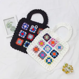 Sac Cabas Tricoté à Main Style Ethnique Bohème pour Femmes Sac à Main en Maille Carré Granny Voyage Loisir Sac Bandoulière