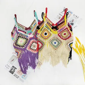Women Bohemian Crochet Tassel Camisole Tank Top Summer Beach Vacation Crop Top