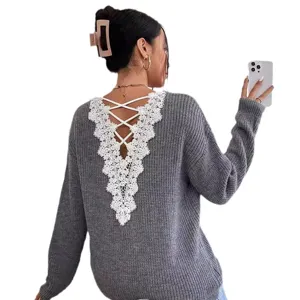 Damen rückenfreier Pullover, sexy V-Ausschnitt Langarm Stricktop mit Spitzeneinsatz.