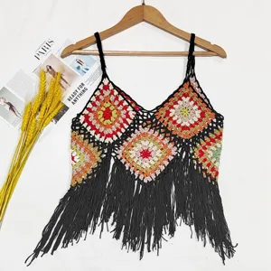 Women's handmade crochet camisole top with fringe colorful granny square bohemian festival wear