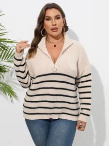 Große Größen Damen Strick Pullover gestreift mit Reißverschluss Detail Ansicht weich.