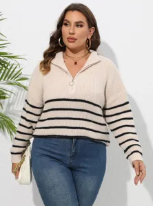 Damen Übergröße gestreifter Pullover mit halbem Reißverschluss, bequemes Freizeittop.