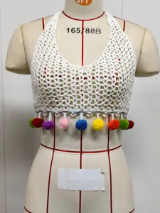 White crochet halter bikini top, handmade hollow beach crop top with colorful pom pom fringe.
