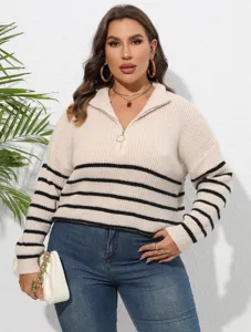 Damen Plus Size gestrickter Pullover mit Reissverschluss Streifen Langarm Oberteil.