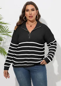 Damen Plus Size Schwarz Weiß Gestreifter Halb-Reißverschluss Langarm Strickpullover