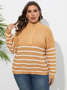 Damen Uebergroesse Halbzip Gestreifter Strickpullover Hoher Kragen Langarm Pullover Oberteil